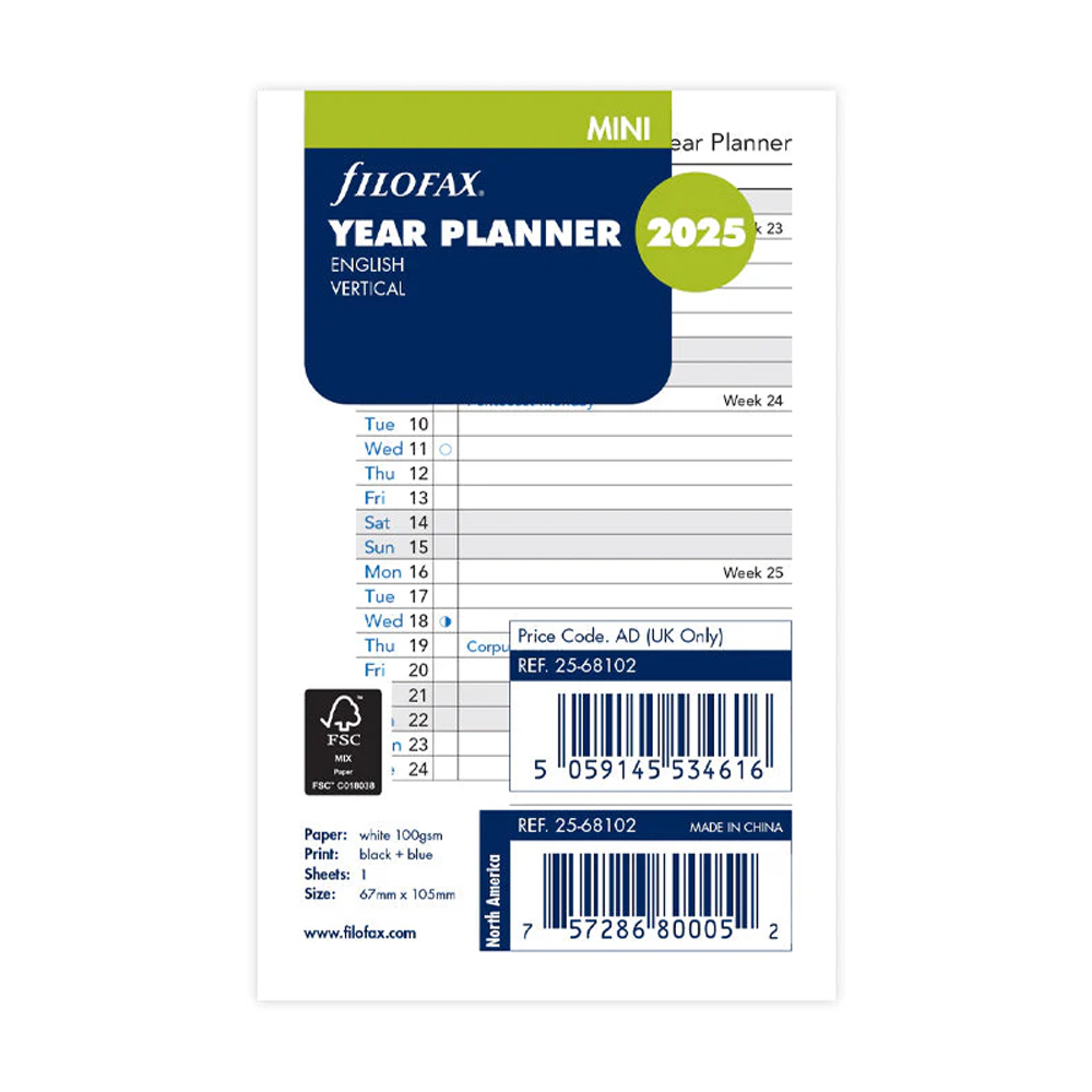 Filofax Vertical Year Planner Mini 2025 English